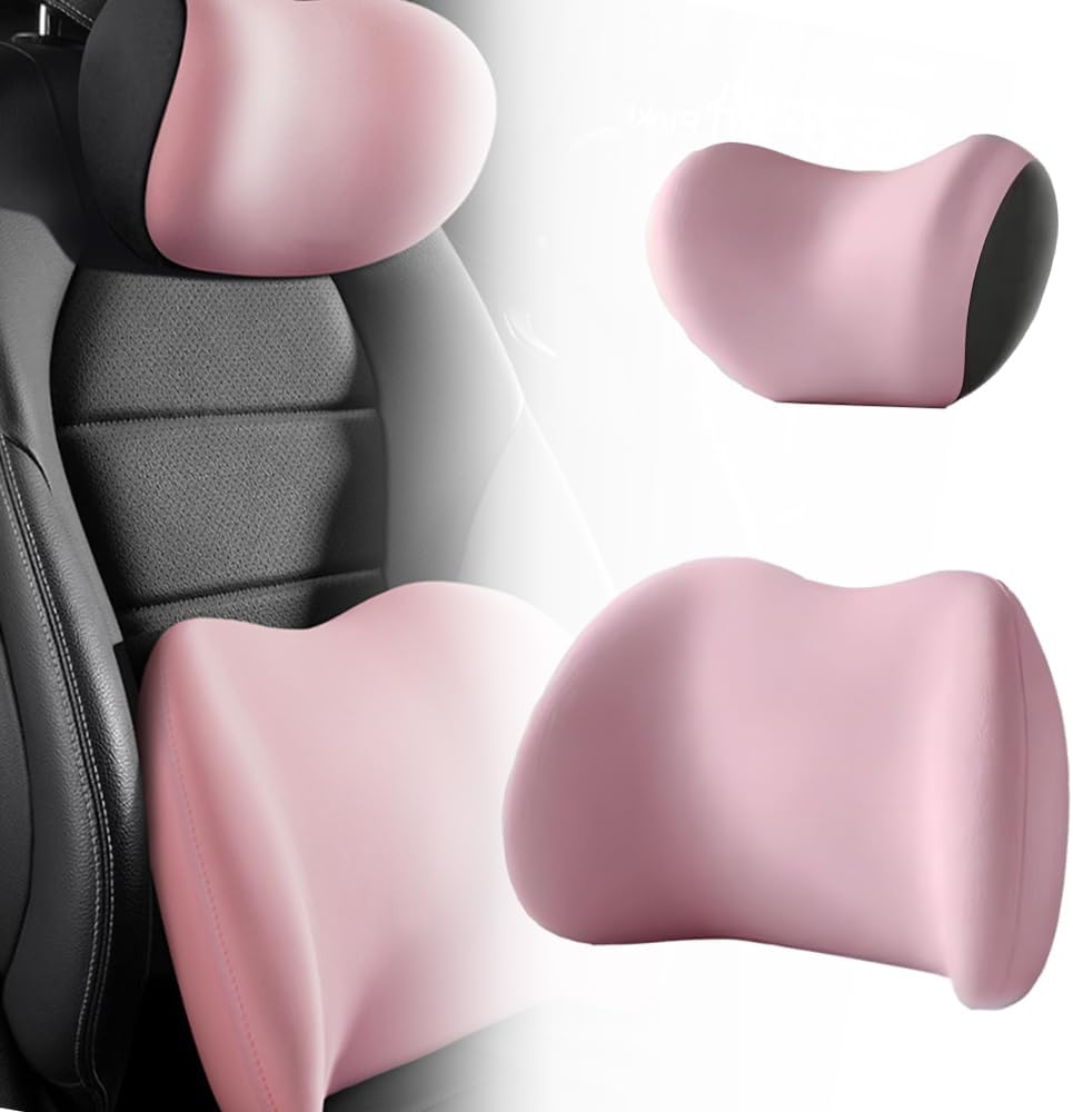 Car Headrest & Lumbar Support Cushion,  New Car Lumbar Support Pillow and Car Neck Pillow Kit, Ergonomic Car Seat Headrest & Lumbar Cushion for Neck Back Pain Relief (Pink)