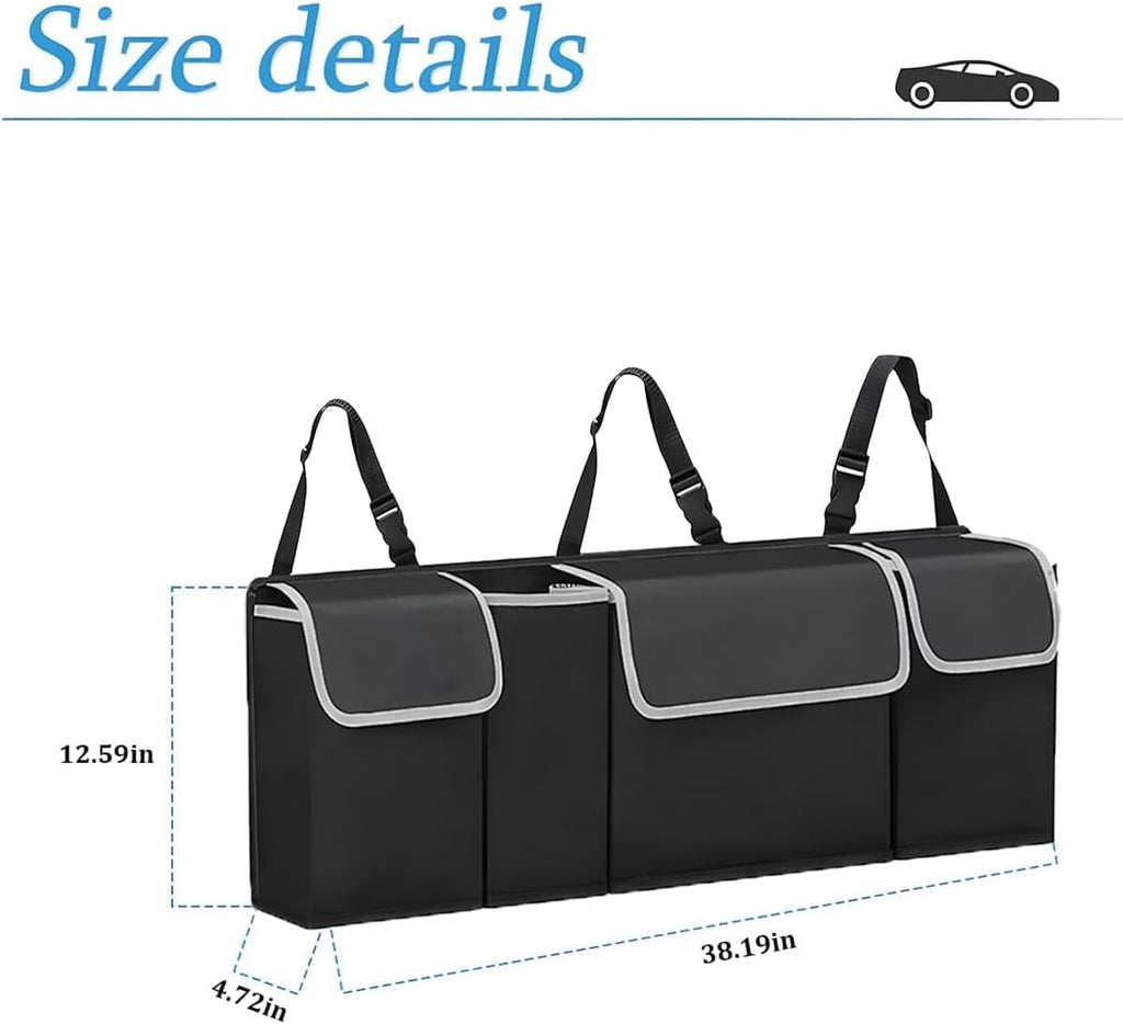 Car Trunk Organizer, Backseat Hanging Large Storage with Adjustable Straps, Waterproof Collapsible Cargo Bag with 4 Pockets, Sturdy Space Saver Frees Trunk Floor for SUV, Truck, MPV