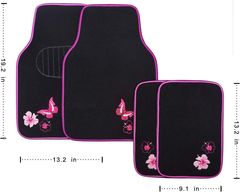 Embroidery Butterfly and Flower Car Floor Mats, Pink Car Floor Mats Universal Fit 95% Automotive,SUVS,Sedan,Vans,for Cute Women,Girly,Set of 4 (Black with Pink)