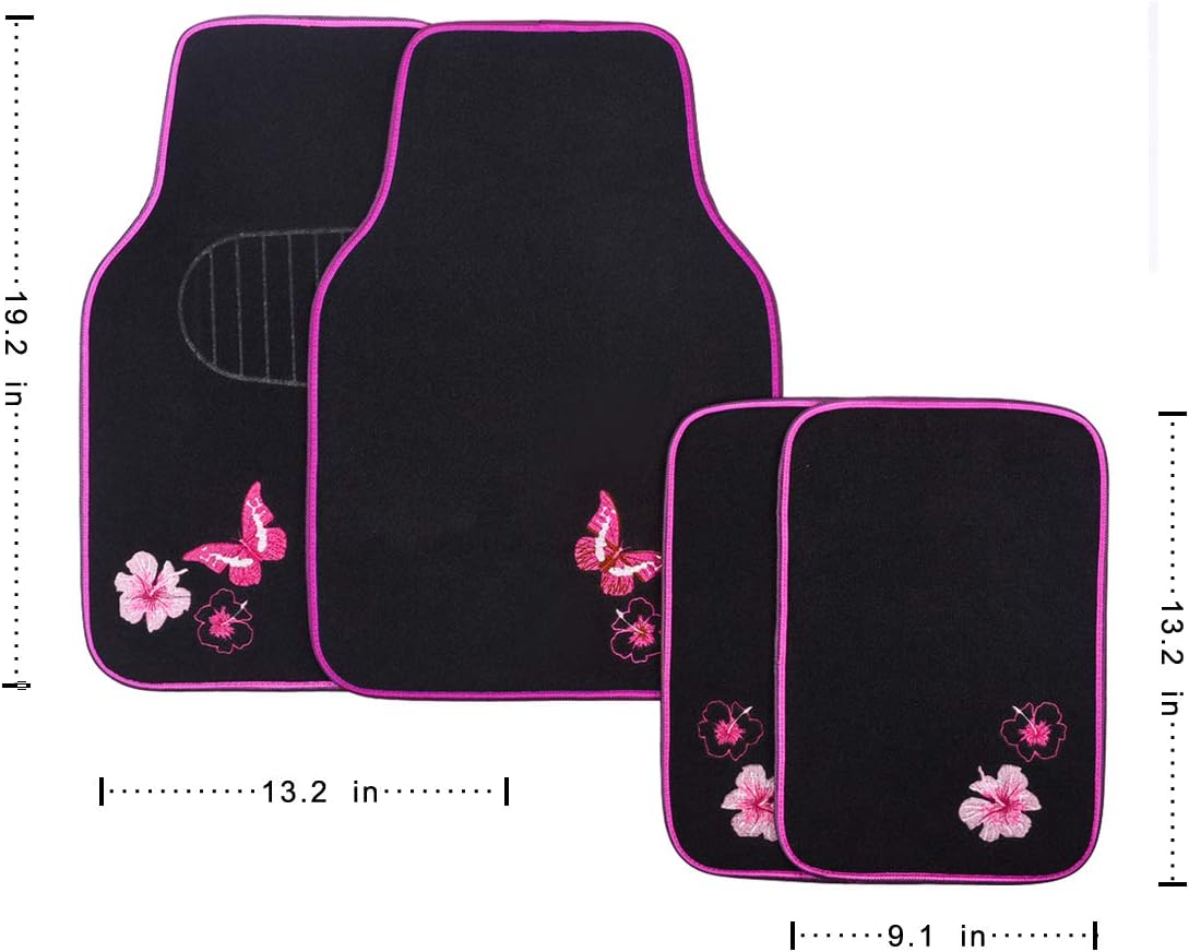 Embroidery Butterfly and Flower Car Floor Mats, Pink Car Floor Mats Universal Fit 95% Automotive,SUVS,Sedan,Vans,for Cute Women,Girly,Set of 4 (Black with Pink)