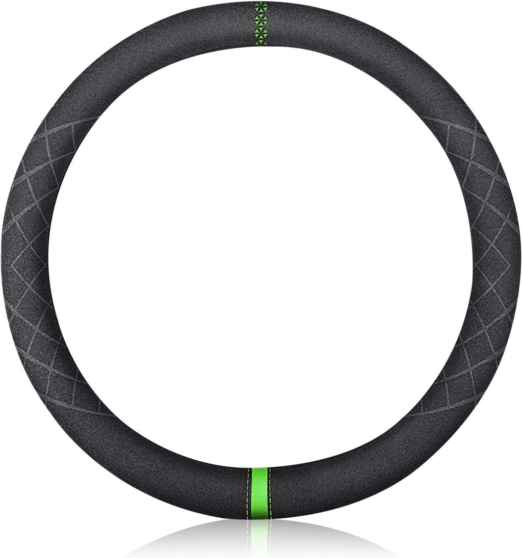 Sport Microfiber Suede Velvet Car Steering Wheel Cover Non-Slip Car Steering Wheel Protector Winter Warm Universal for Diameter 38cm(15") (Black Green)