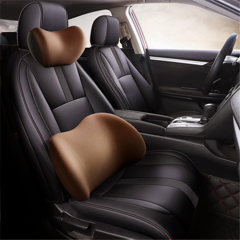 Car Headrest & Lumbar Support Cushion,  New Ergonomic Car Seat Headrest & Lumbar Cushion with Adjustable Strap, Car Lumbar Support Pillow and Car Neck Pillow Kit for Neck Back Pain Relief (Coffee)