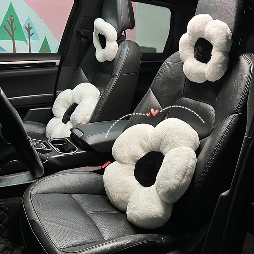 4 Pack Plush Flower Car Headrest Pillow and Lumbar Support Pillow Soft Comfortable Car Headrest Pillow Cute Car Accessories for Car Driving Cute Neck Pillows for Driving Car Decor