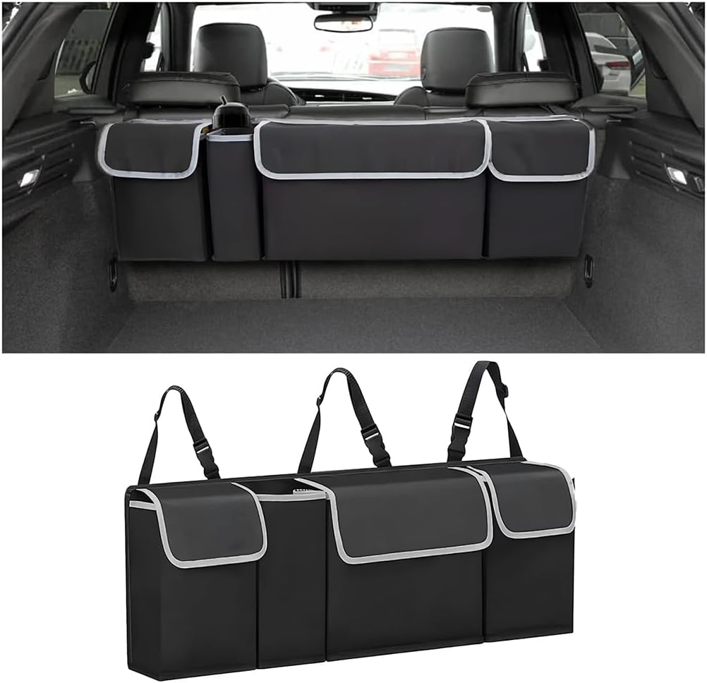Car Trunk Organizer, Backseat Hanging Large Storage with Adjustable Straps, Waterproof Collapsible Cargo Bag with 4 Pockets, Sturdy Space Saver Frees Trunk Floor for SUV, Truck, MPV