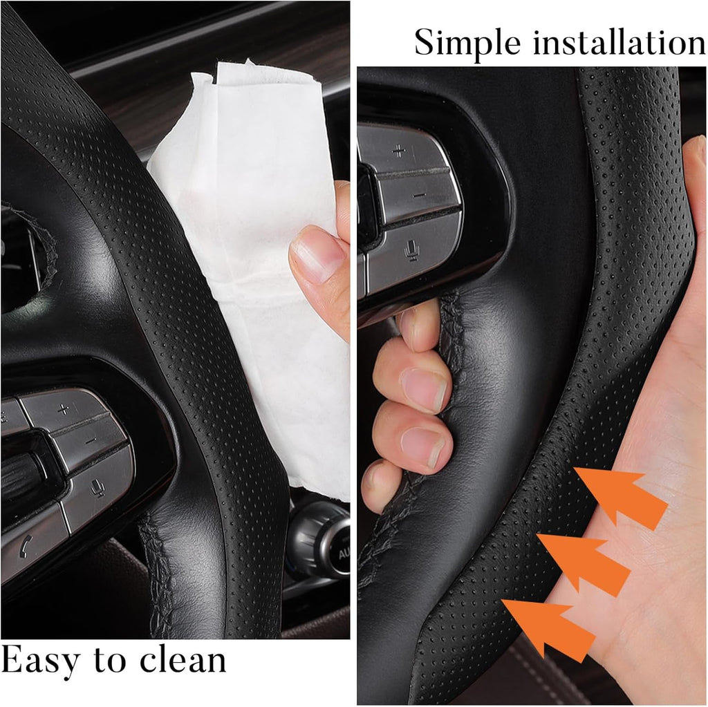 Leather Steering Wheel Cover, Premium Microfiber Leather Steering Wheel Wrap Men 14.5-15 inch Universal Breathable Car Steering Wheel Accessories Protector, Black