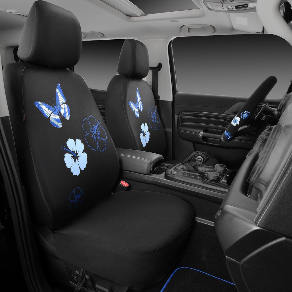 Blue Butterfly Car Seat Covers Full Set, Embroidered Flower Waterproof Car Floor Mats Carpet, Butterflies Steering Wheel Cover for Universal Car Accessories Interior Sets (Black and Blue)