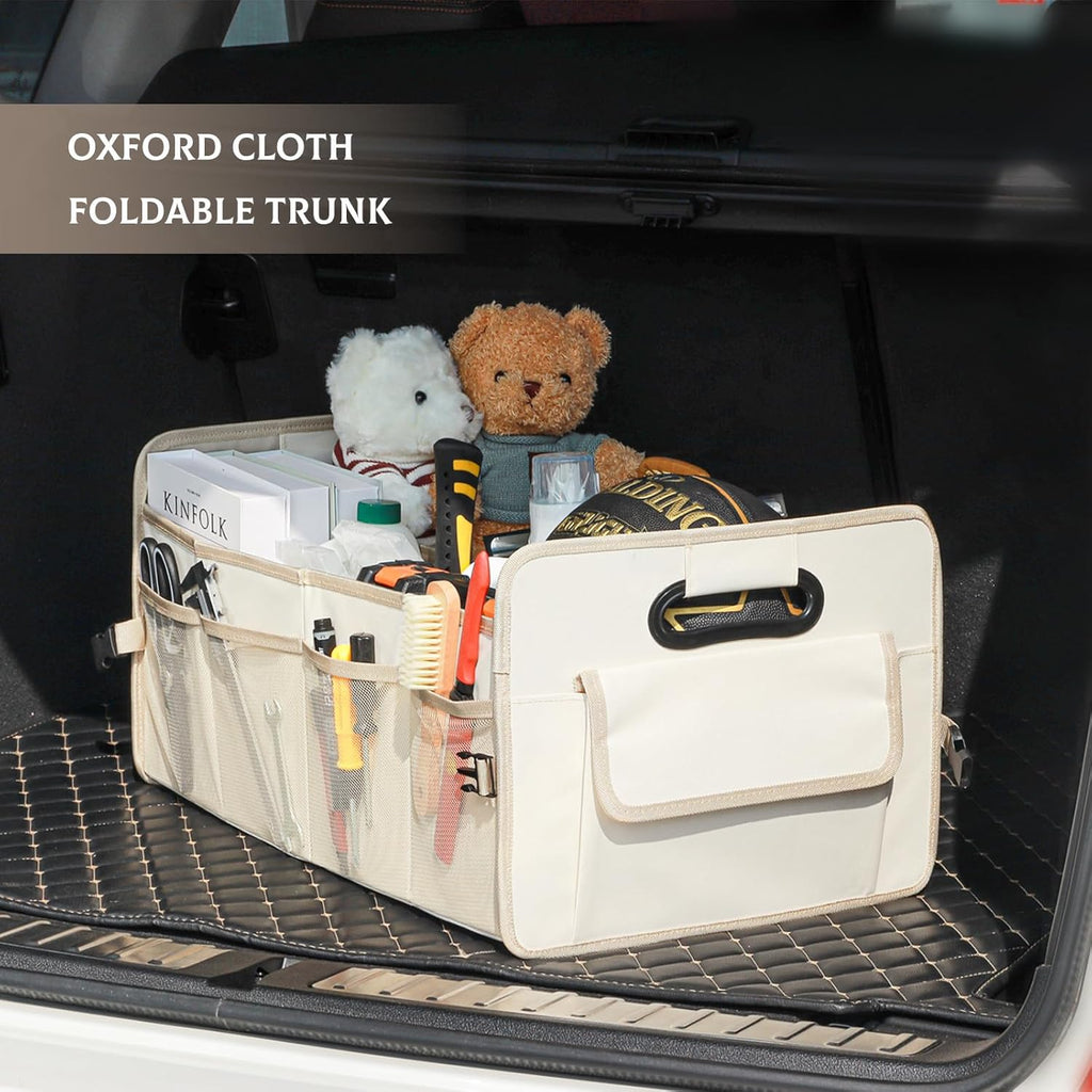 Car Trunk Organizer, Car Organizers and Storage Collapsible Multi Compartment Container Box, Adjustable Car Accessories for SUV Sedan Truck, Standard Size, Beige