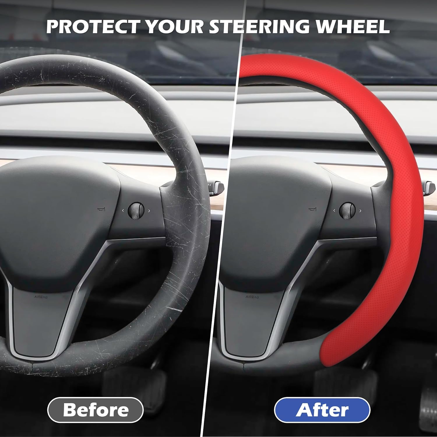 Leather Steering Wheel Cover, Universal 15 Inch Premium Non-Slip Steering Wheel Cover Red