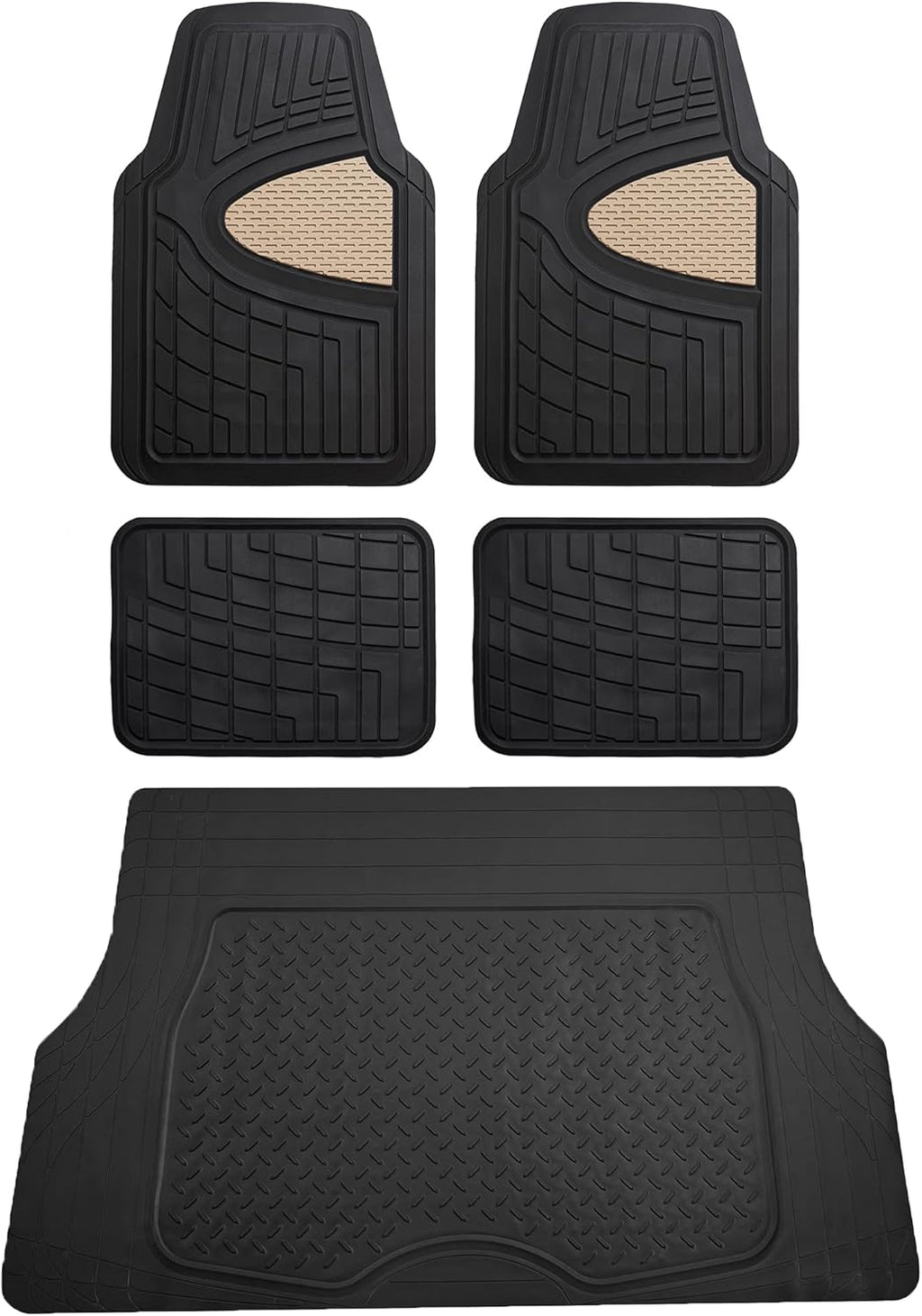 Trimmable All Weather Rubber Full Set Car Floor Mats (Beige) w. Trimmable All-Season Cargo Liner (Black) - Universal Fit for Cars Trucks and SUVs