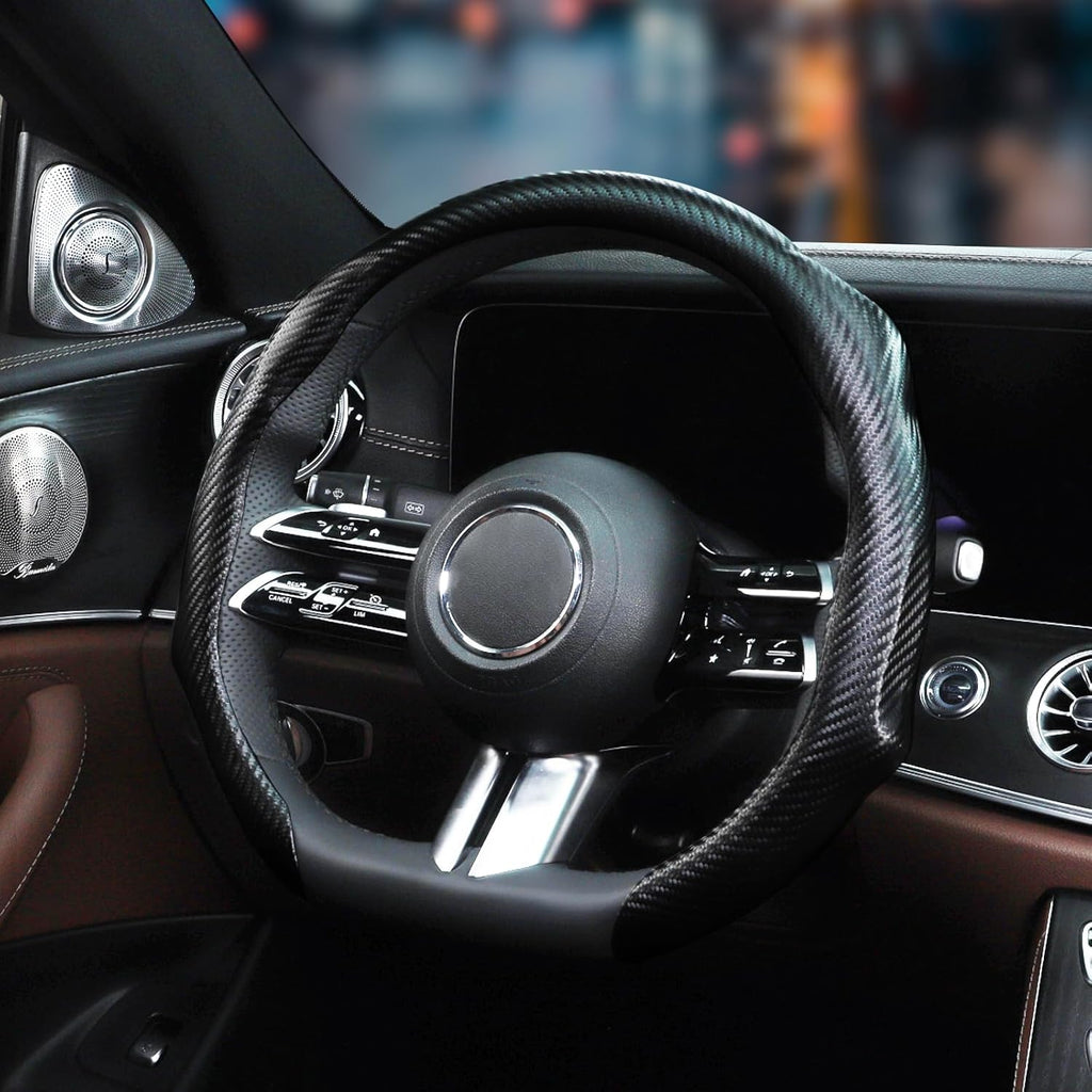 Car Steering Wheel Cover, Carbon Fiber Steering Wheel Protector 5D Sport Non-Slip, Comfortable & Breathable Car Interior Decoration, Universal Fit 14.5"-15" Steering Wheel