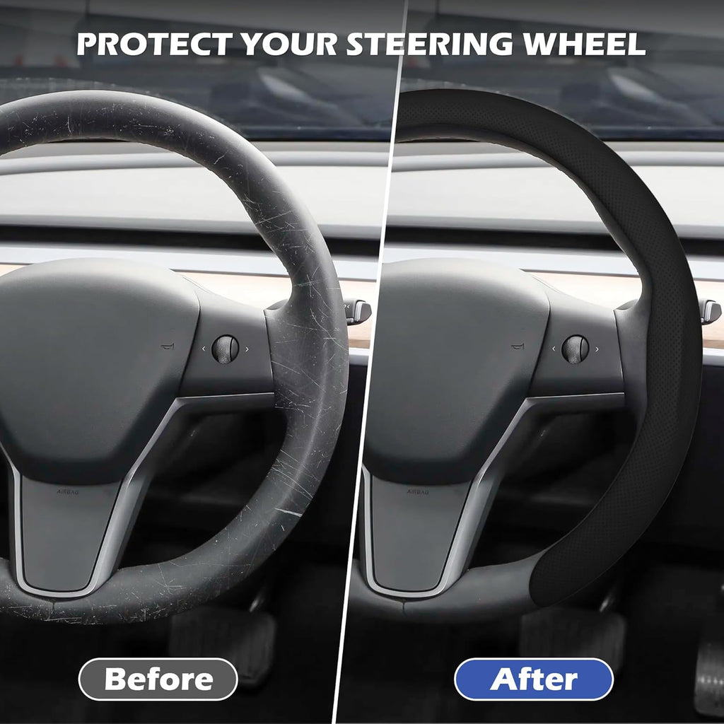 Leather Steering Wheel Cover, Universal 15 Inch Premium Non-Slip Steering Wheel Cover Black