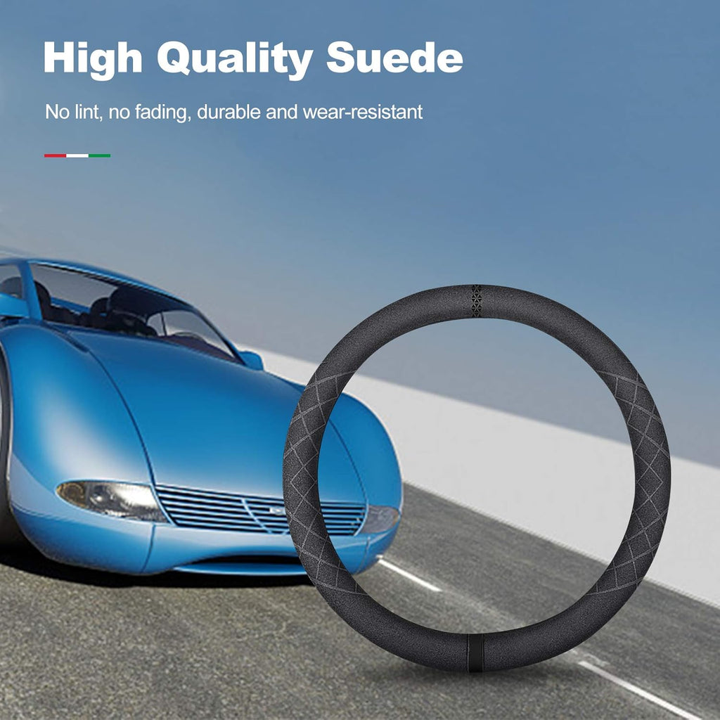 Sport Microfiber Suede Velvet Car Steering Wheel Cover Non-Slip Car Steering Wheel Protector Winter Warm Universal for Diameter 38cm(15") (Black)