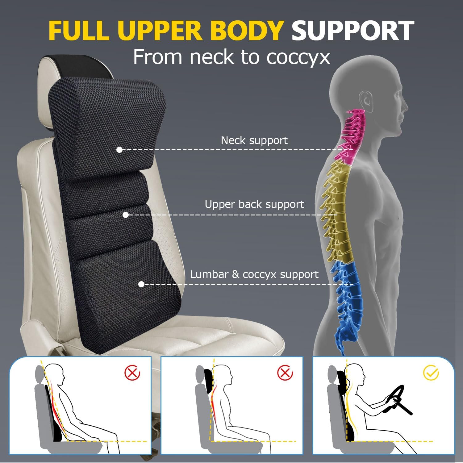 Car Back Cushion Set for Full Back Support, Height Adjustable Lumbar & Neck Pillow, Comfort Memory Foam, Breathable Cover, All Seat Compatible, Back Support for Driving, Desk Chair