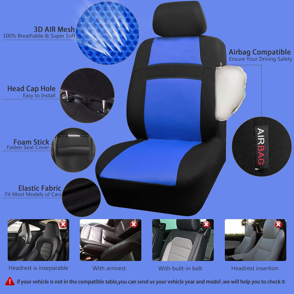 3D Air Mesh Car Seat Covers Full Sets w/5mm Sponge, 4Pcs Waterproof Car Floor Mats, Steering Wheel Cover Universal Fit for SUV Sedan Truck, Airbag Compatible Automotive Interior(black & blue)