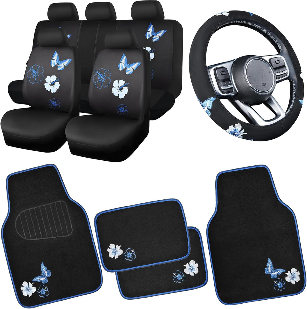 Blue Butterfly Car Seat Covers Full Set, Embroidered Flower Waterproof Car Floor Mats Carpet, Butterflies Steering Wheel Cover for Universal Car Accessories Interior Sets (Black and Blue)