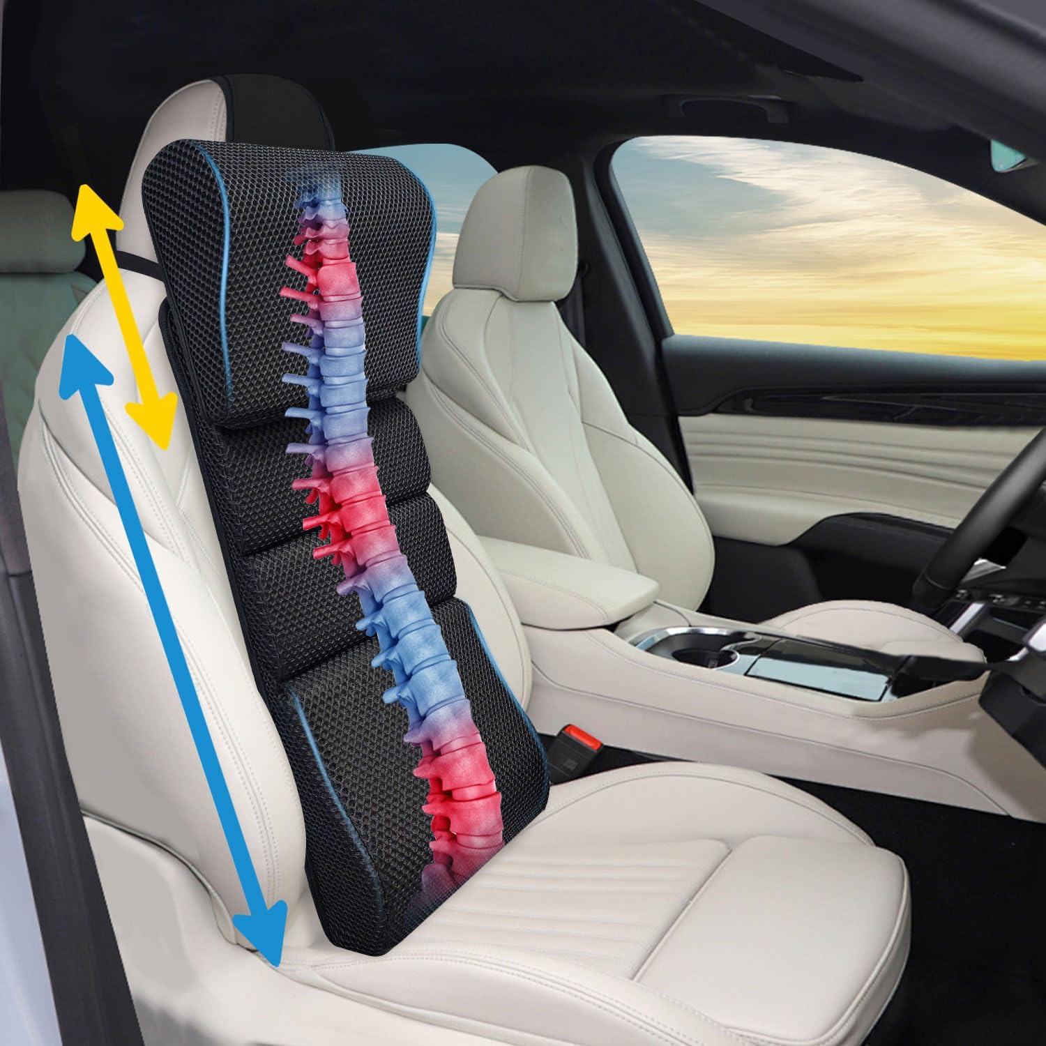 Car Back Cushion Set for Full Back Support, Height Adjustable Lumbar & Neck Pillow, Comfort Memory Foam, Breathable Cover, All Seat Compatible, Back Support for Driving, Desk Chair