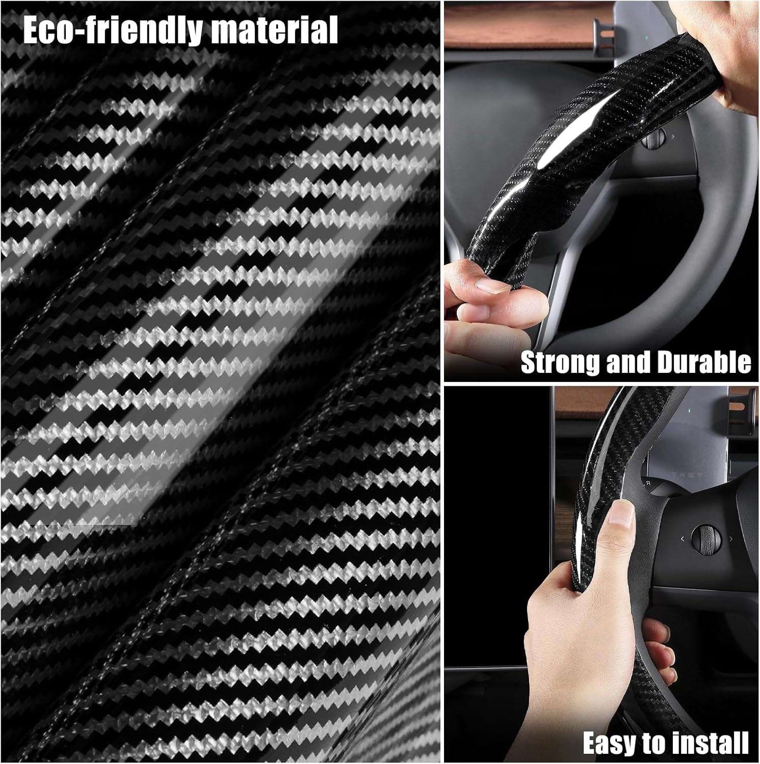 Car Steering Wheel Cover Bright Carbon Fiber, Non-Slip Steering Wheel Wrap Universal 14.5-15 inch Steering Wheel Car Accessories Interior Protector, Black