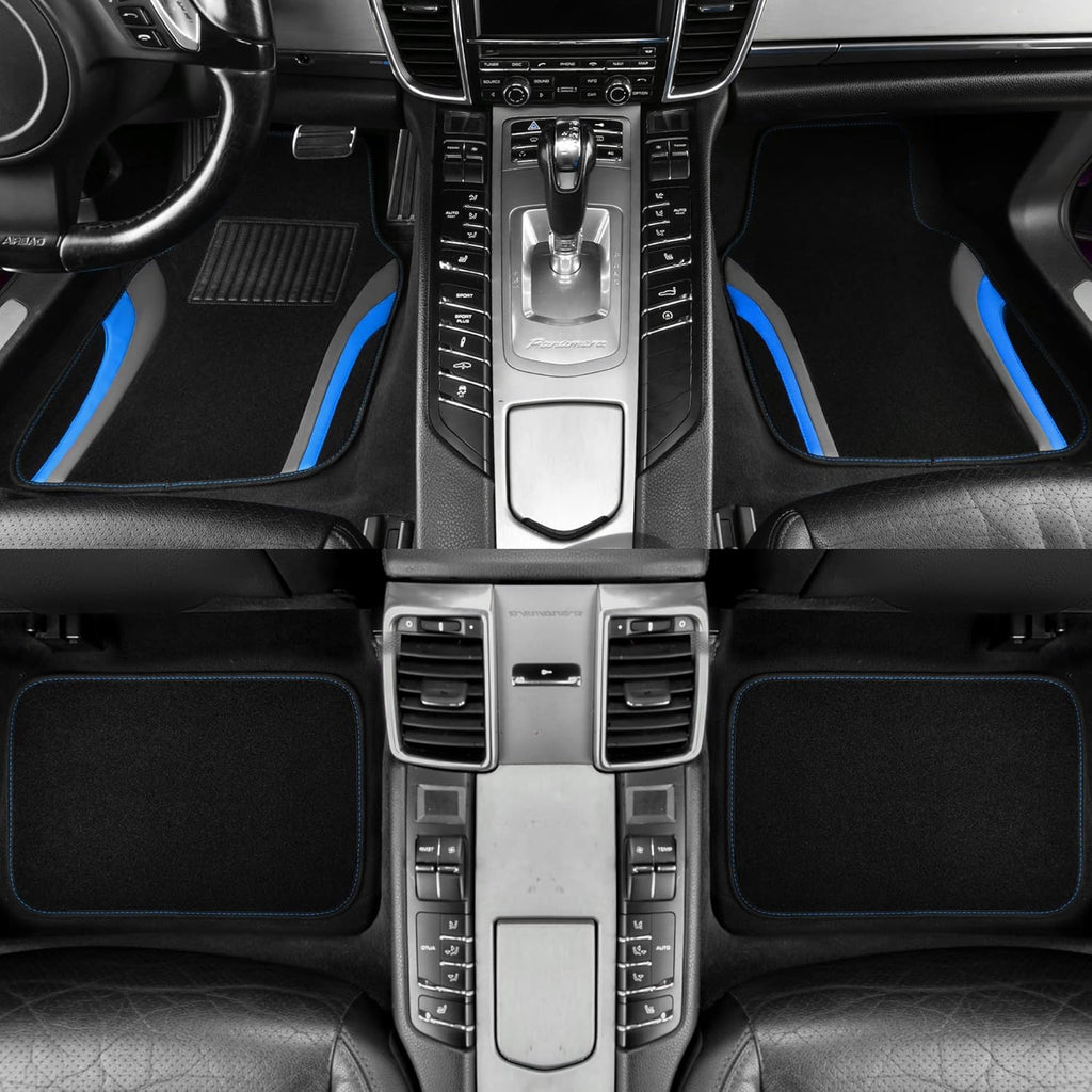 Leather Sporty Car Floor Mats Carpet, Universal Waterproof Automotive Floor Mat Fit for Sedans, Cars, Mid Trucks, Vans, SUV, Set of 4 (Black and Blue)