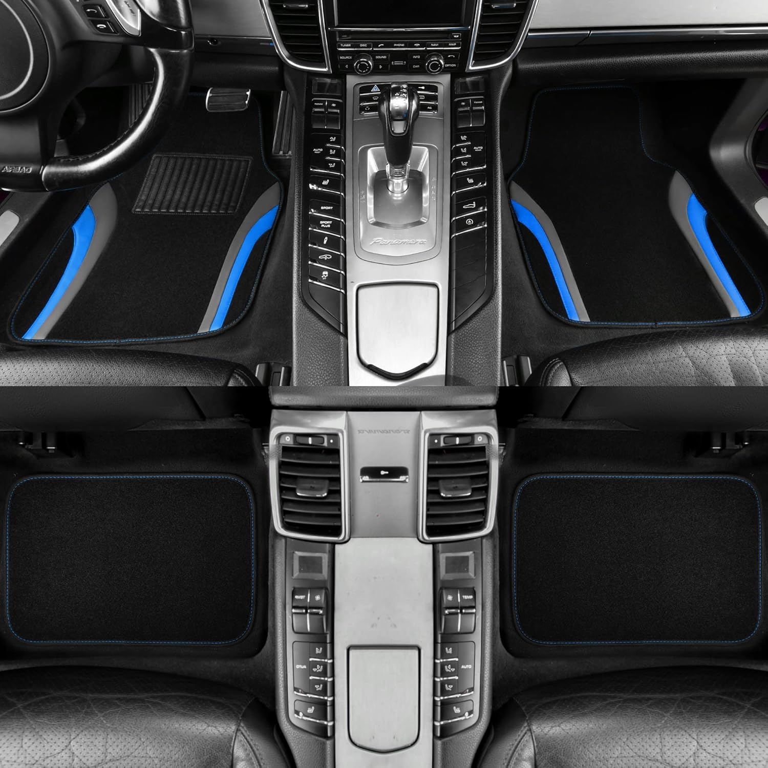 Leather Sporty Car Floor Mats Carpet, Universal Waterproof Automotive Floor Mat Fit for Sedans, Cars, Mid Trucks, Vans, SUV, Set of 4 (Black and Blue)