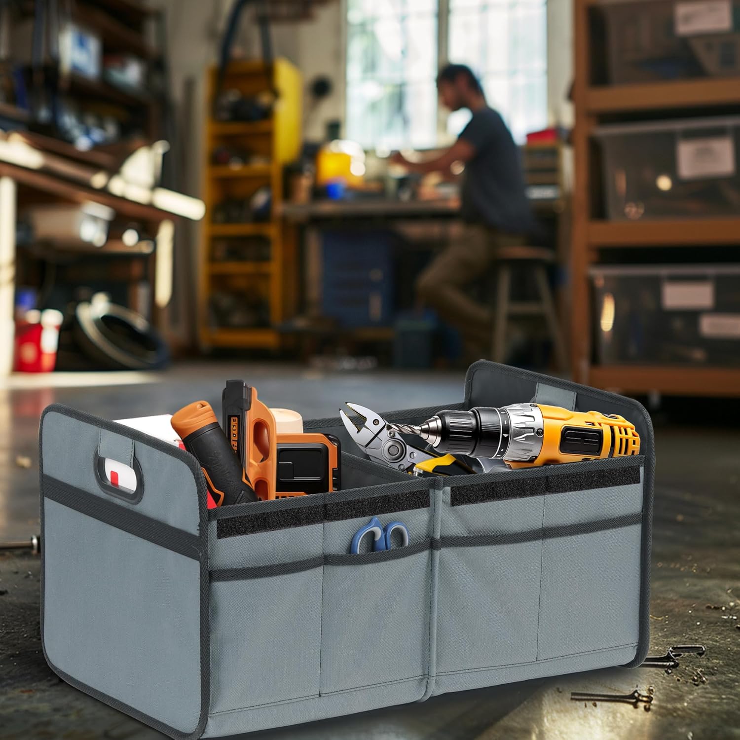 2 Compartments Car Trunk Organizer with Lid, 600D Oxford Polyester Car Storage, Anti-slip Collapsible Trunk Storage, Suitable for SUV, Minivan, Truck, Grey-Green