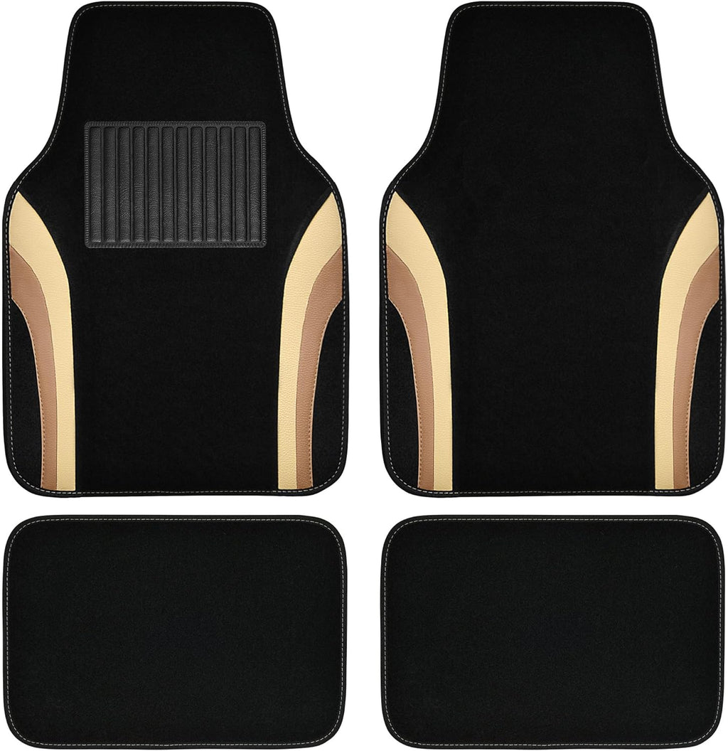 Beige Leather Car Floor Mats, Sporty Waterproof Car Carpet,Universal Automotive Floor Mats Fit for Sedans, Cars, Mid Trucks, Vans, SUV, Set of 4 (Black and Beige)