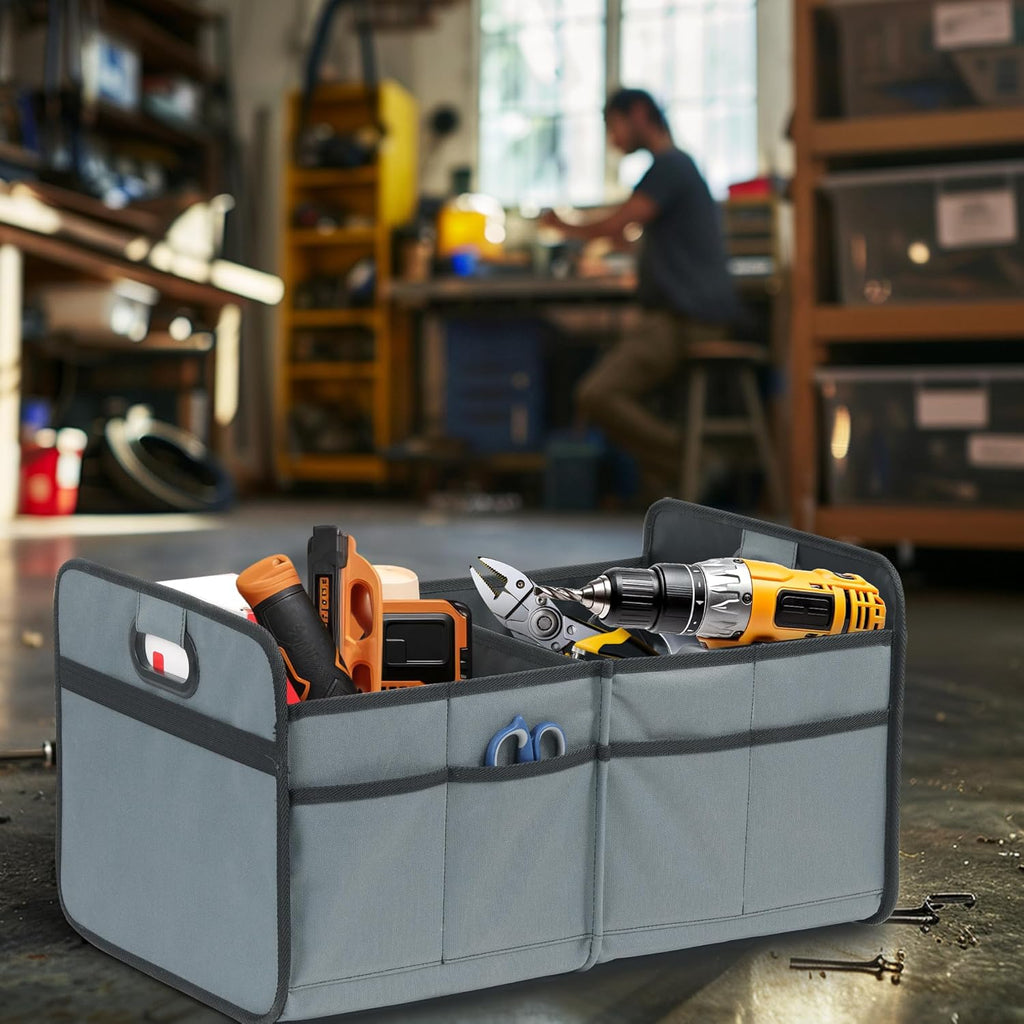 Trunk Organizer for Car/SUV/Truck, Collapsible 2 Compartment Automotive Storage Box, 600D Waterproof Oxford Polyester 50L Travel Accessories, Anti-slip & Leak-proof, Grey-Green