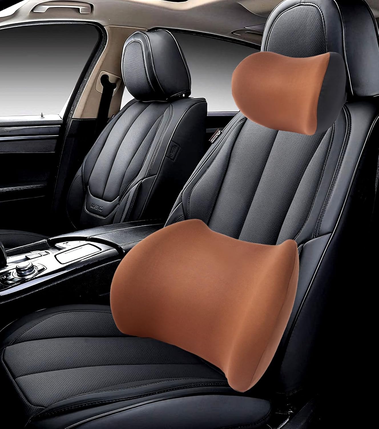 New Car Headrest&Lumbar Support Cushion Set,Marshmallow-Soft car headrest Pillow, Ergonomic Lumbar Support Pillow for car, Relieve Back and Neck Fatigue During Driving. (Brown)