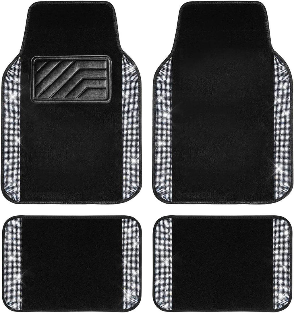 Car Floor Mats, Shining Rhinestone Carpet Sparkly Glitter Crystal with Anti-Slip PVC Heel Pad Waterproof Universal Fit Automotive SUV,Sedan,Van,Cute Girl Women,4pcs Black Sliver