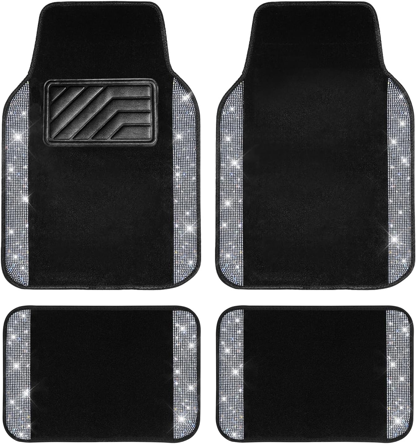 Car Floor Mats, Shining Rhinestone Carpet Sparkly Glitter Crystal with Anti-Slip PVC Heel Pad Waterproof Universal Fit Automotive SUV,Sedan,Van,Cute Girl Women,4pcs Black Sliver