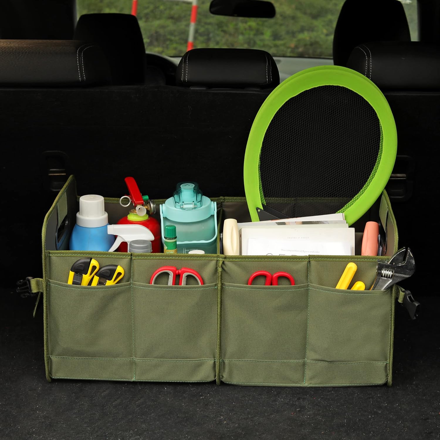 Car Trunk Organizer, Green, Foldable, Non-slip, Adjustable, Multiple Compartments, 600D Oxford Cloth Material