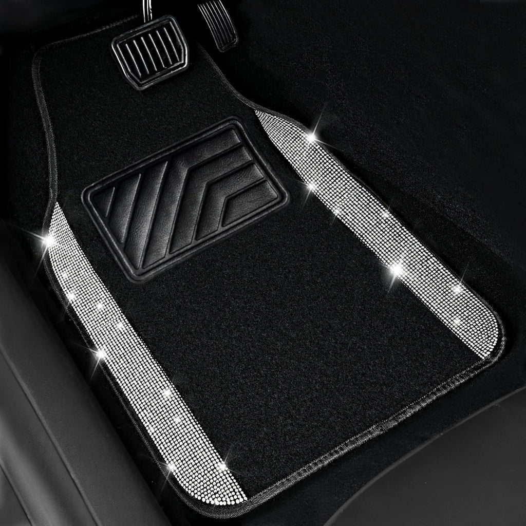 Car Floor Mats, Shining Rhinestone Carpet Sparkly Glitter Crystal with Anti-Slip PVC Heel Pad Waterproof Universal Fit Automotive SUV,Sedan,Van,Cute Girl Women,4pcs Black Sliver