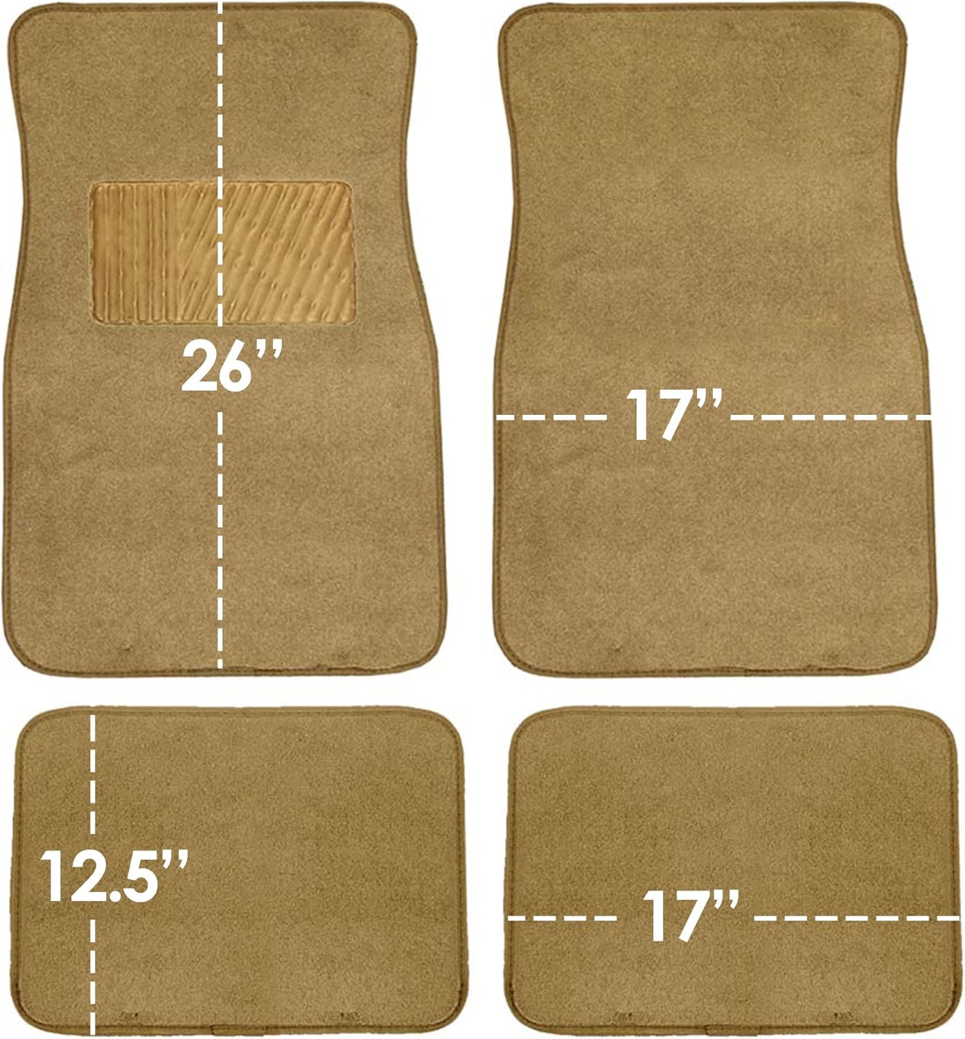 Car Floor Mat 4 Piece Set Driver's Seat with Heel Pad Deluxe Front 66 x 43 cm Rear 32 x 43 cm Beige