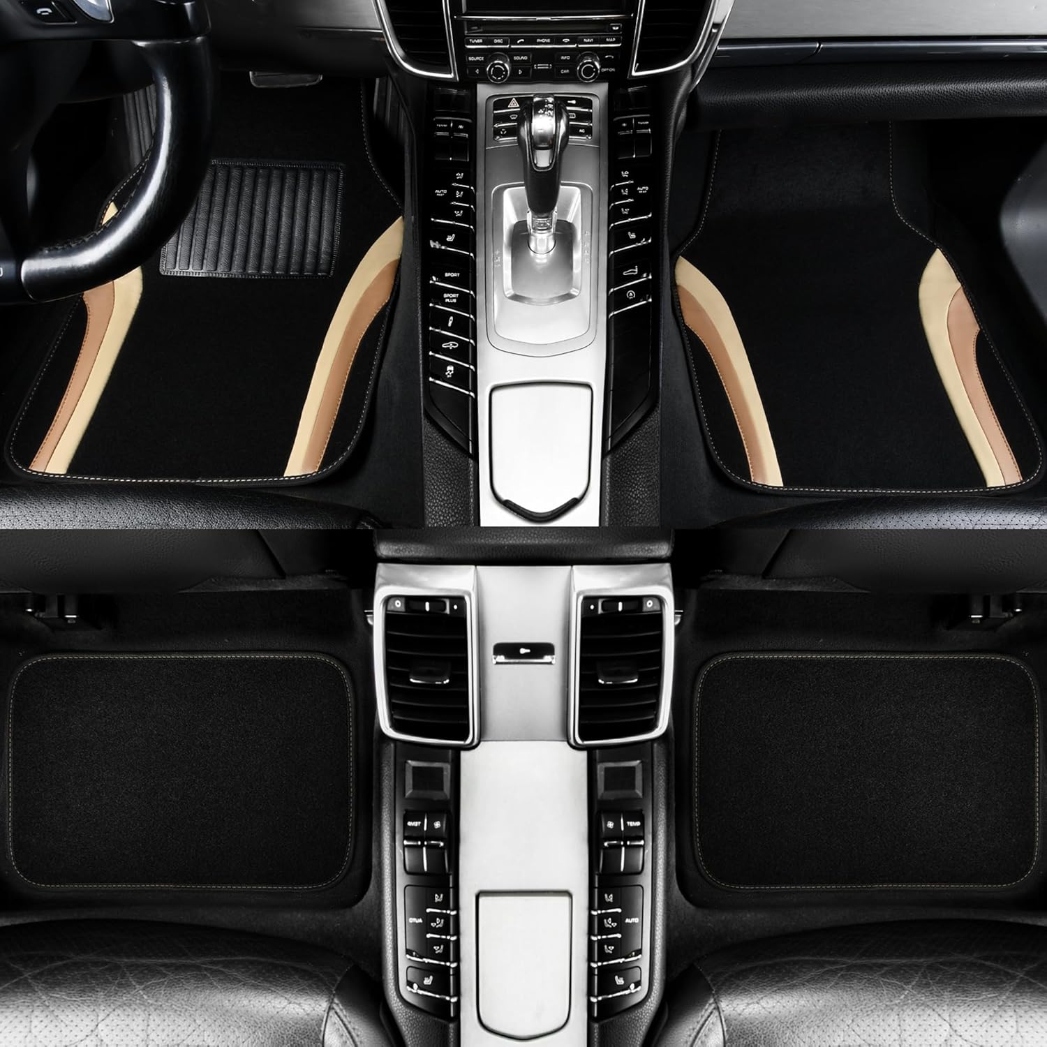 Beige Leather Car Floor Mats, Sporty Waterproof Car Carpet,Universal Automotive Floor Mats Fit for Sedans, Cars, Mid Trucks, Vans, SUV, Set of 4 (Black and Beige)