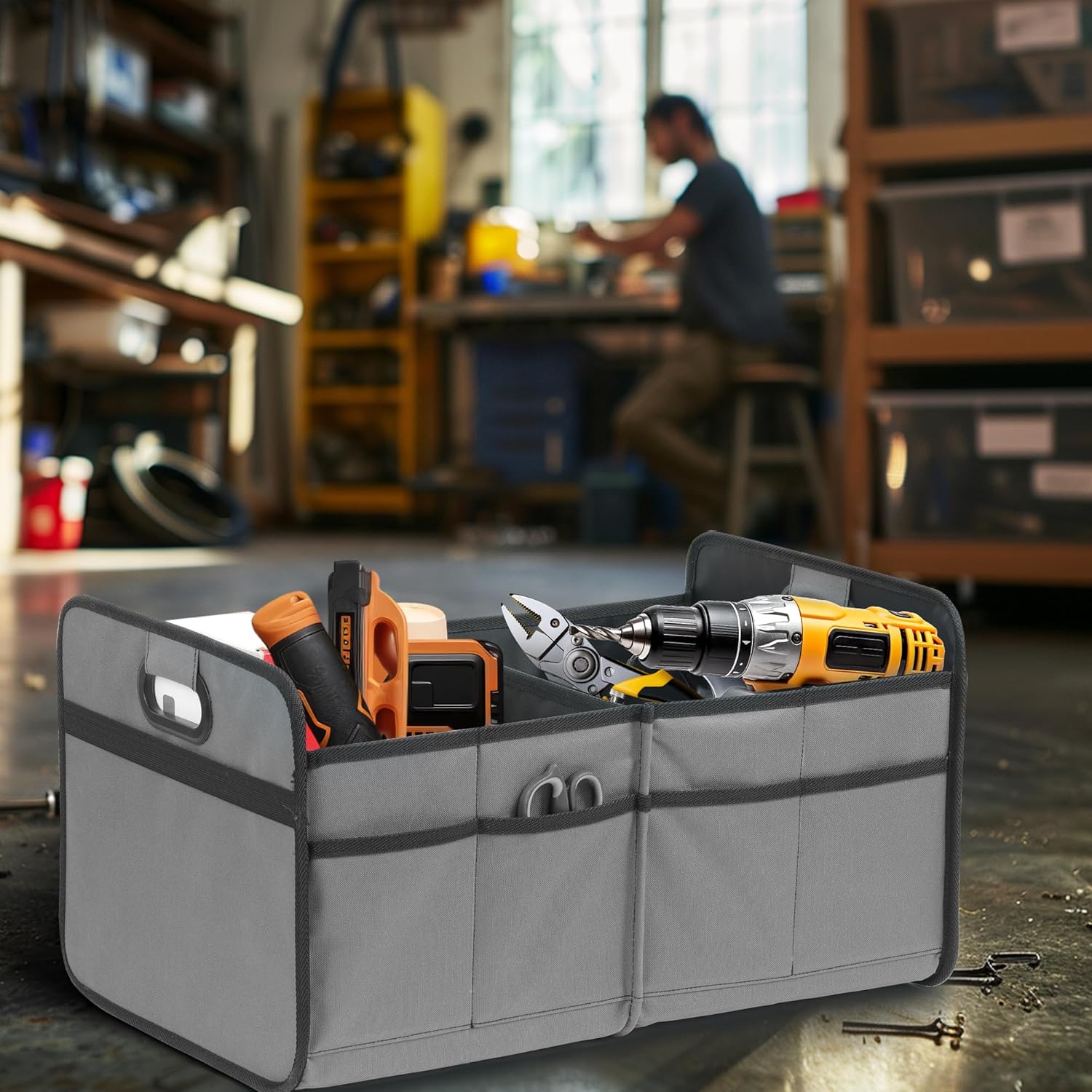 2 Compartments Car Trunk Organizer, 600D Oxford Polyester Car Storage, Anti-slip 14" D x 22" W x 12" H Collapsible Trunk Storage, Suitable for SUV, Minivan, Truck, Grey