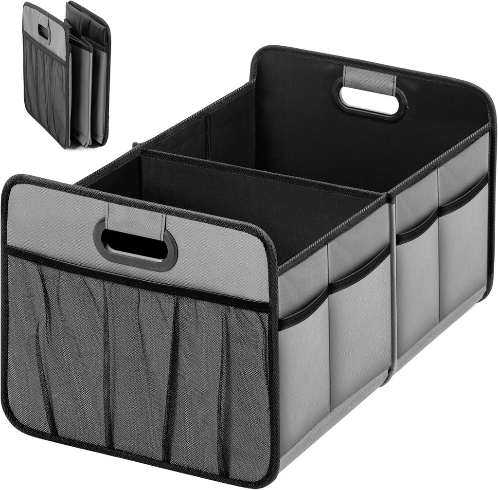 Car Trunk Organizer, Collapsible 2 Compartments Trunk Storage, Anti-slip Design, Made of Waterproof 600D Oxford Polyester, Suitable for SUV, Minivan, Truck, Standard Size, Grey