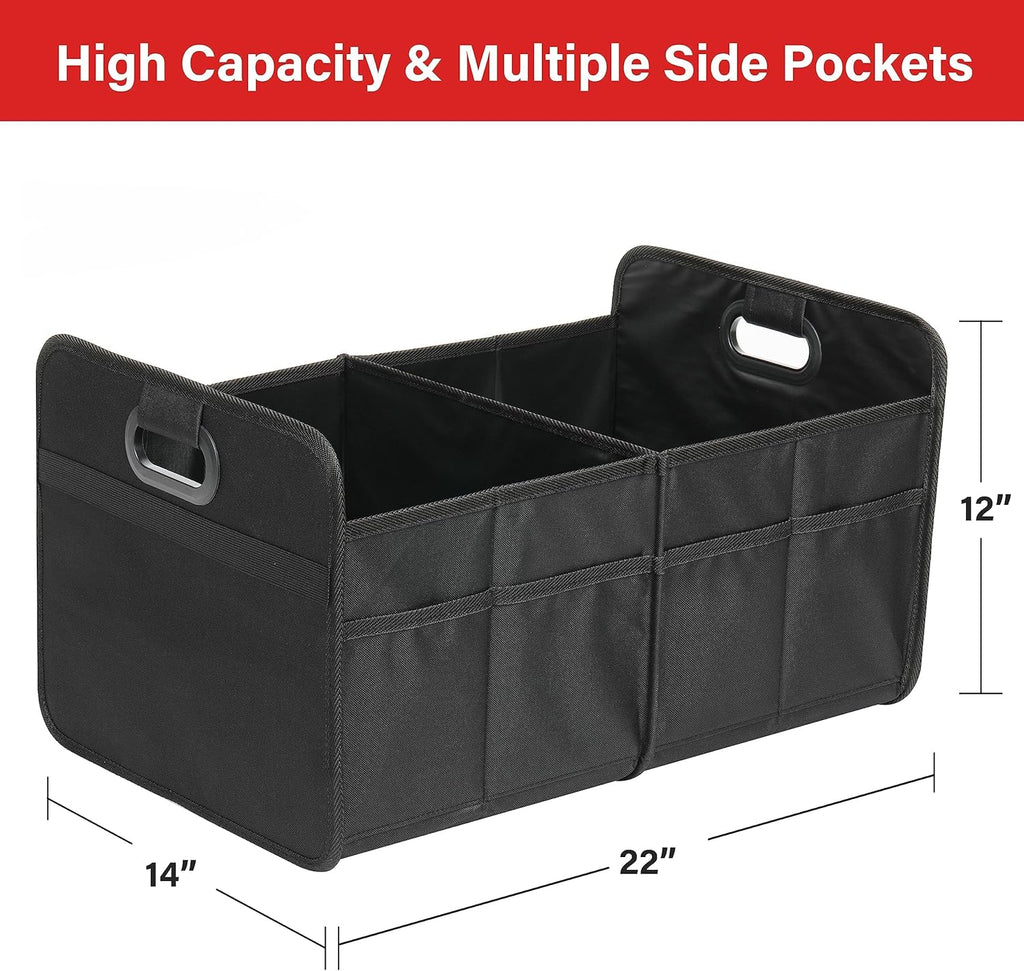 2 Compartments Trunk Organizer for Car/SUV, Collapsible 600D Waterproof Oxford Polyester 50L Storage Box, Anti-slip & Leak-proof, Multipurpose Travel Accessories, Black