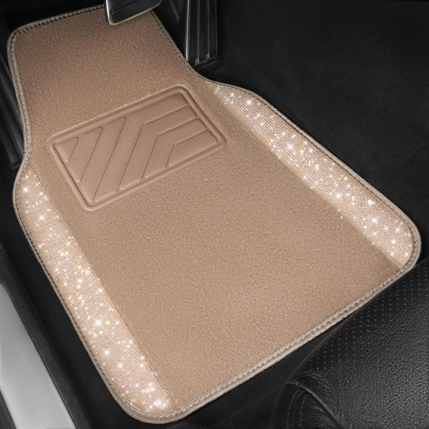 Car Mats Shining Diamond Carpet Crystal Rhinestones Sparkly Glitter Floor Mats with Anti-Slip PVC Heel Pad Universal Fit for Automotive SUV, Sedan, Car, Van, 4pcs for Girl Women, Beige