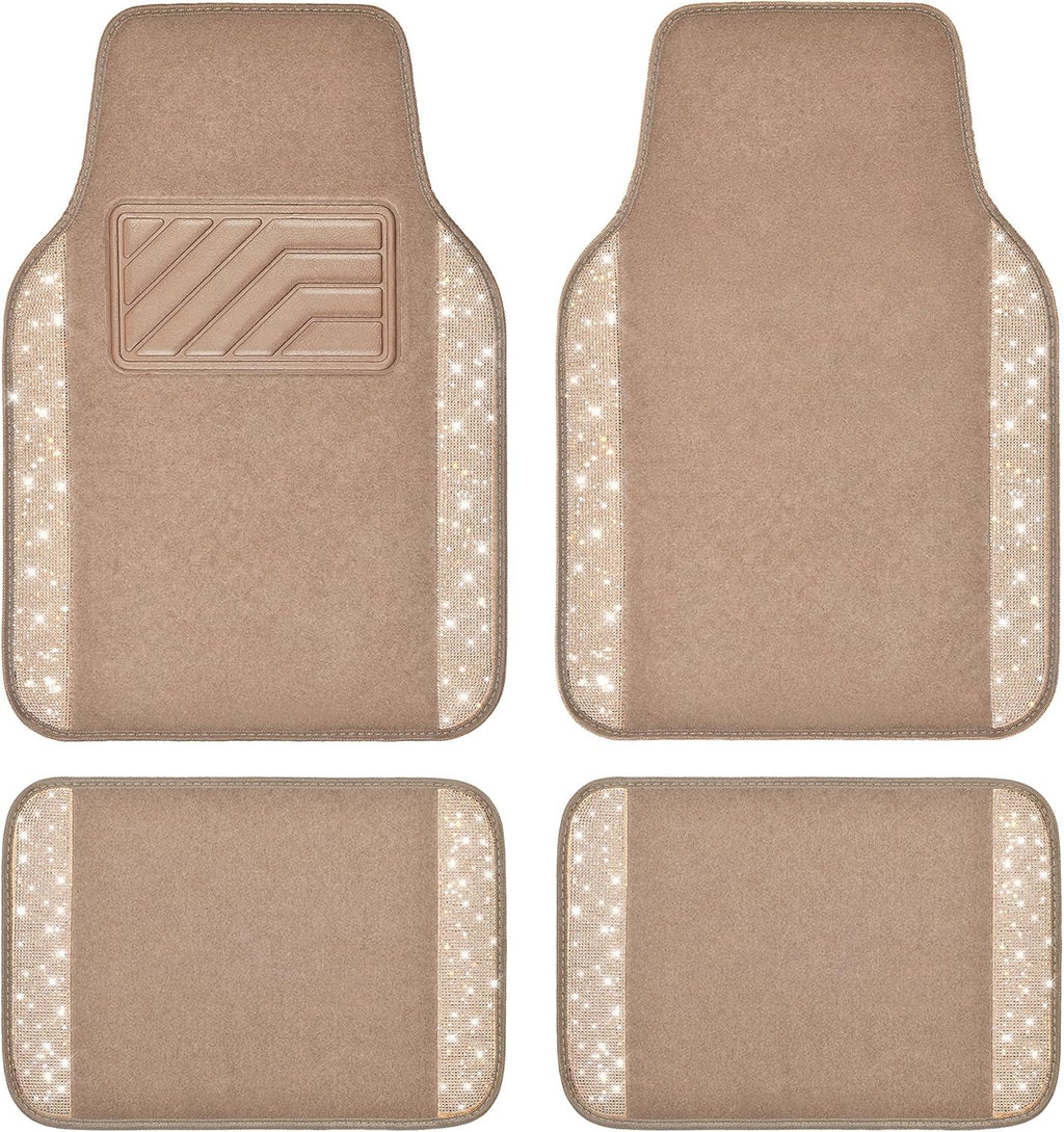 Car Mats Shining Diamond Carpet Crystal Rhinestones Sparkly Glitter Floor Mats with Anti-Slip PVC Heel Pad Universal Fit for Automotive SUV, Sedan, Car, Van, 4pcs for Girl Women, Beige