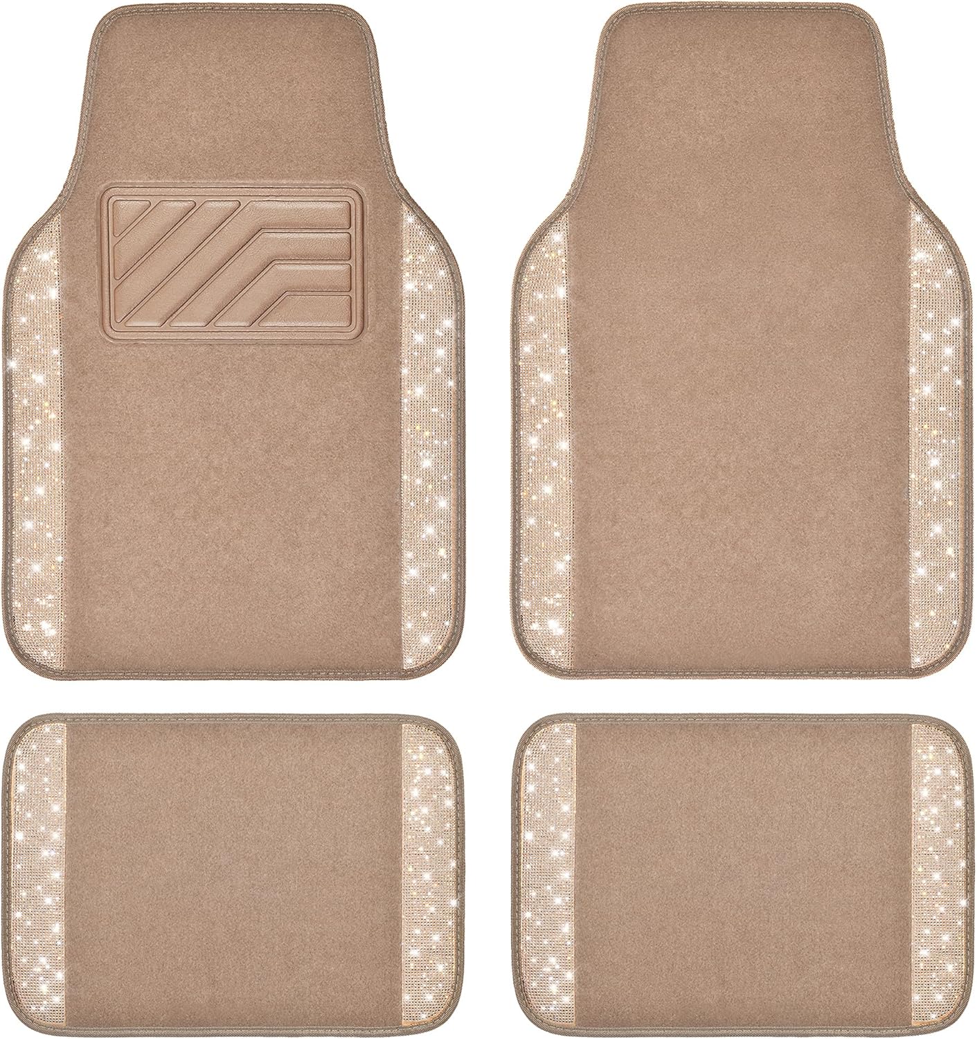 Car Mats Shining Diamond Carpet Crystal Rhinestones Sparkly Glitter Floor Mats with Anti-Slip PVC Heel Pad Universal Fit for Automotive SUV, Sedan, Car, Van, 4pcs for Girl Women, Beige