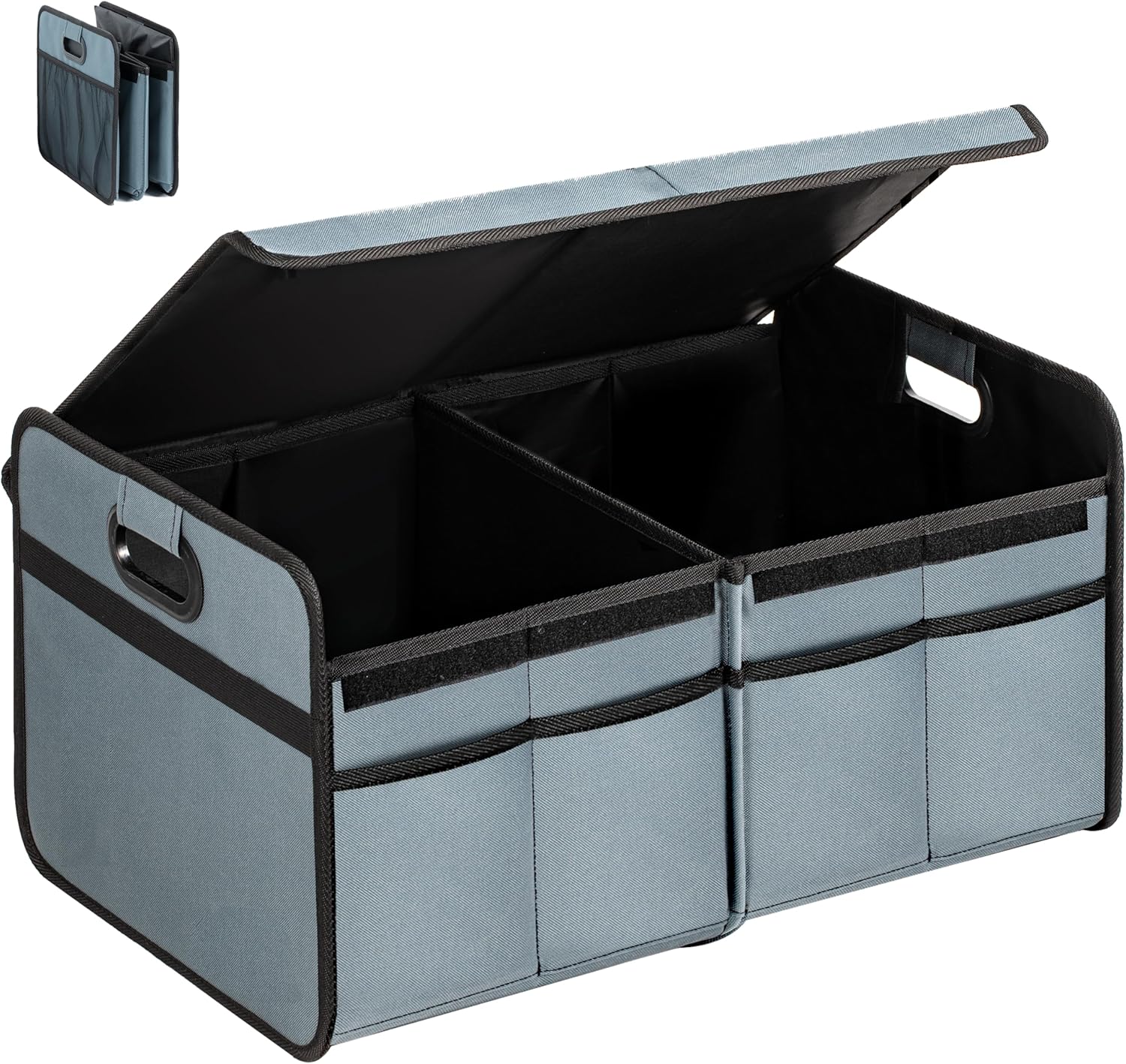 2 Compartments Car Trunk Organizer with Lid, 600D Oxford Polyester Car Storage, Anti-slip Collapsible Trunk Storage, Suitable for SUV, Minivan, Truck, Grey-Green